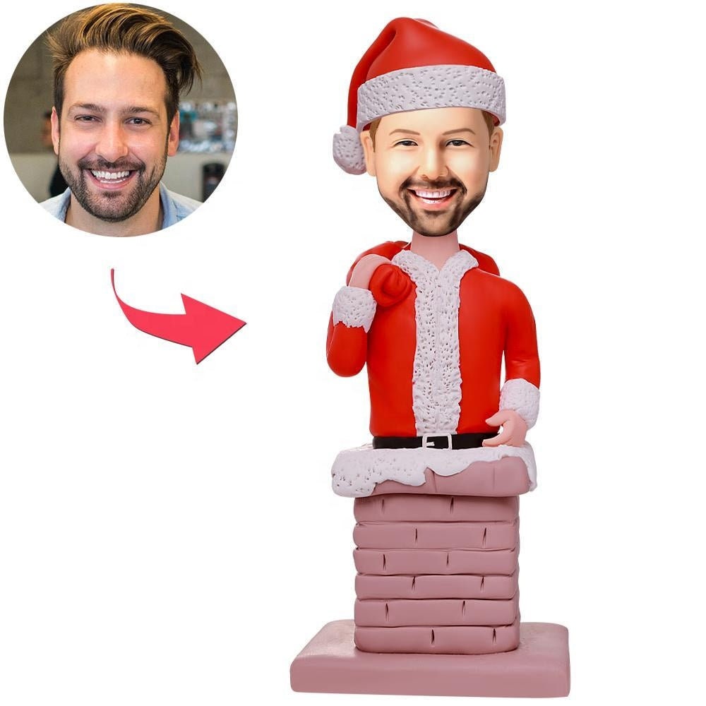 Personalized Photo Santa In The Chimney Bobbleheads Christmas Gift Customized Picture Clay Sculpture Bobbleheads With Engraved Text