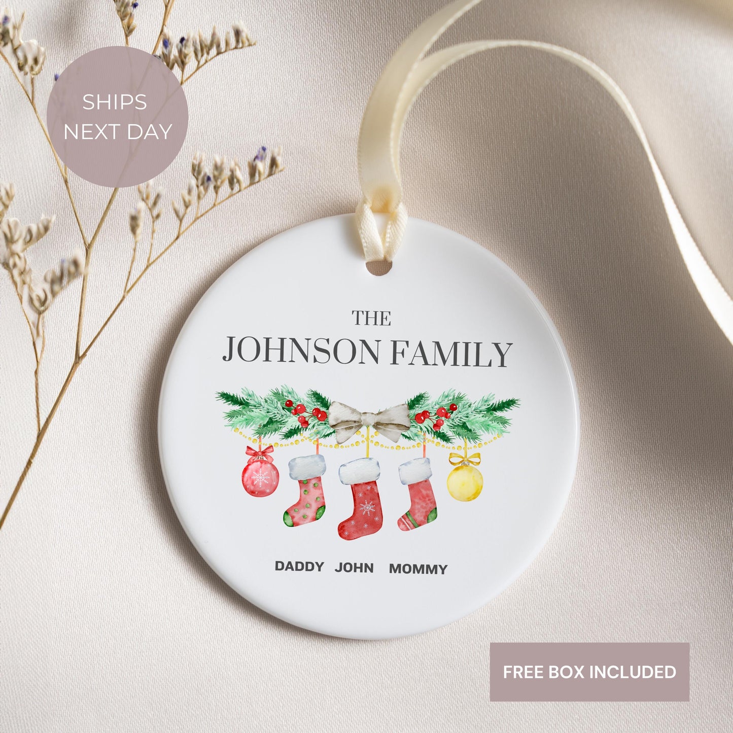 Family of Christmas Ornament, Personalized Name Ornament, Baby First Christmas, Tree Stocking Custom Ornament With Names, Ceramic Keepsake