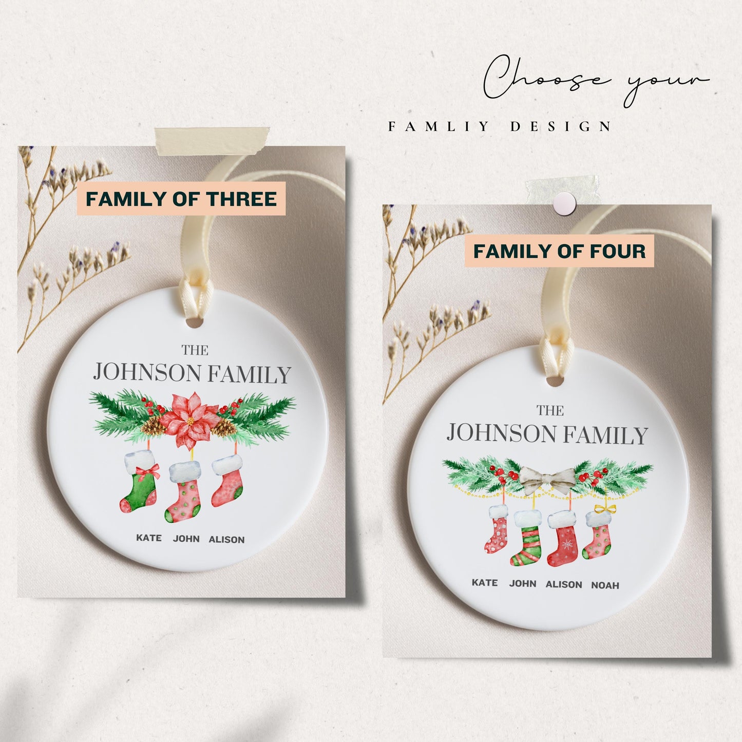 Family of Christmas Ornament, Personalized Name Ornament, Baby First Christmas, Tree Stocking Custom Ornament With Names, Ceramic Keepsake