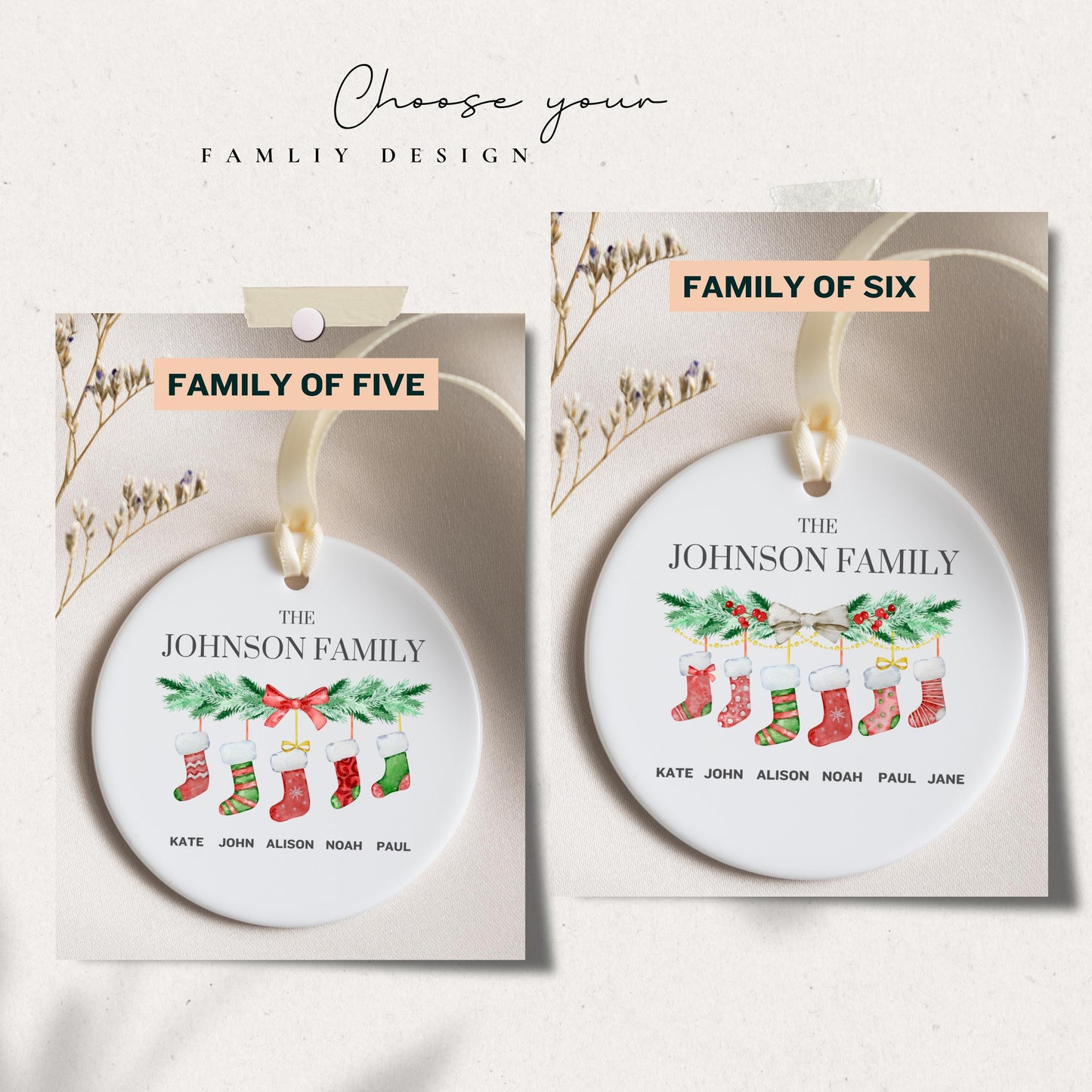 Family of Christmas Ornament, Personalized Name Ornament, Baby First Christmas, Tree Stocking Custom Ornament With Names, Ceramic Keepsake