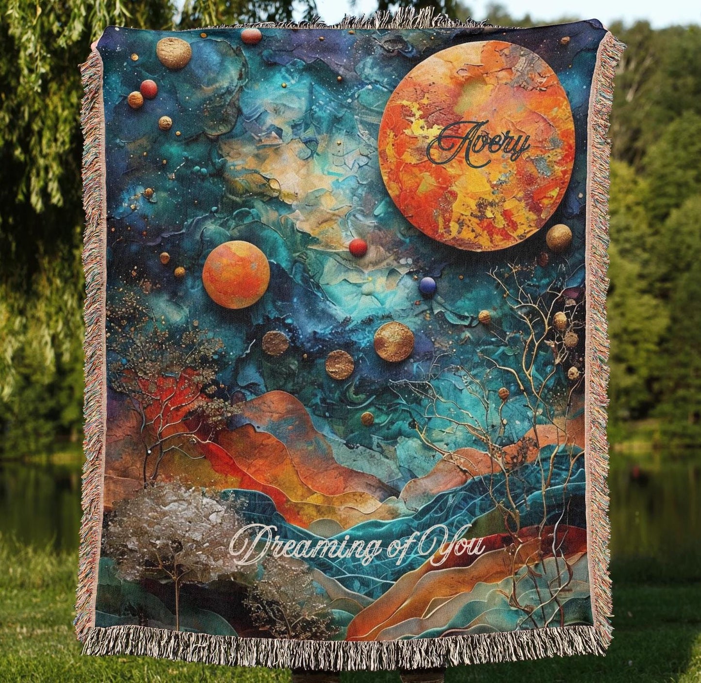 Dreaming Night Throw Blanket, Woven Cotton Throw, Boho Bedding, Lunar Celestial Moon, Mythical Vibrant Colorful Maximalist