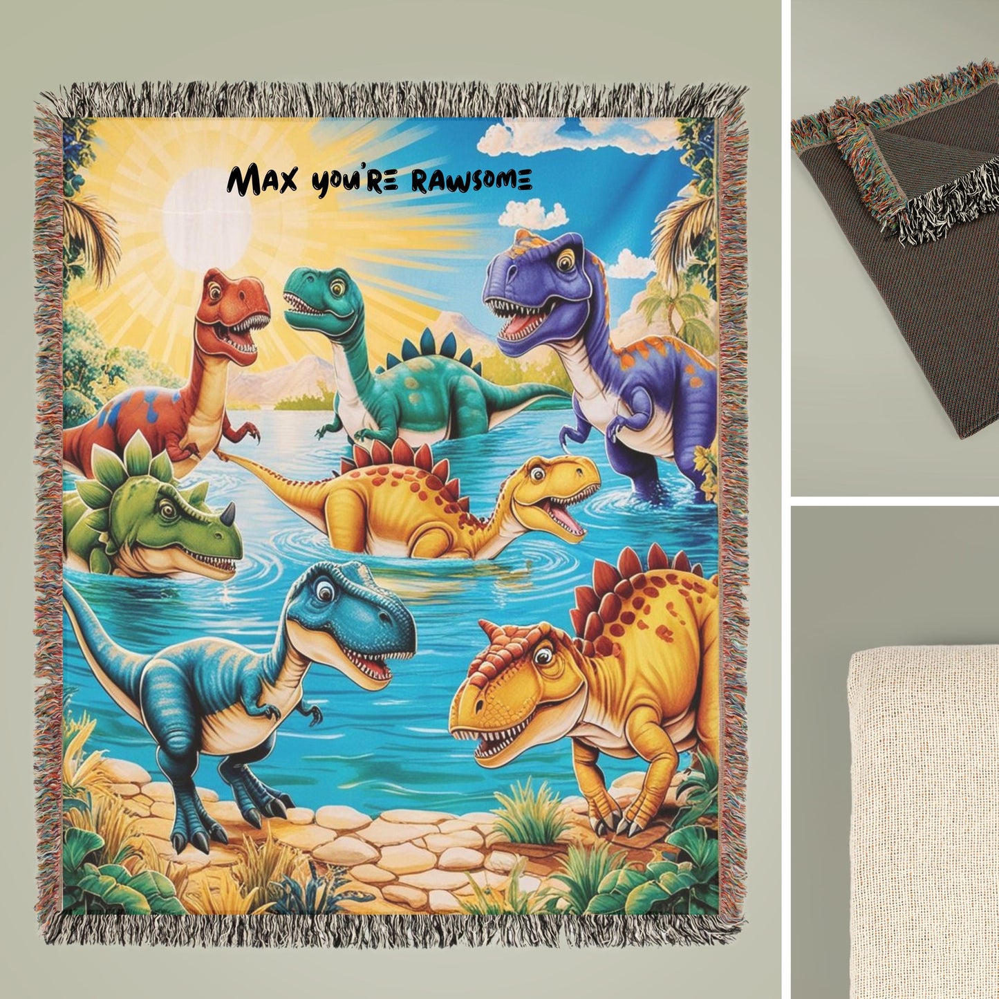 Dinosaur Throw Blanket Personalized, Cute Stegosaurus Brontosaurus Triceratops, Kids Teen Bedroom Woven Cotton Throw for Christmas Birthday