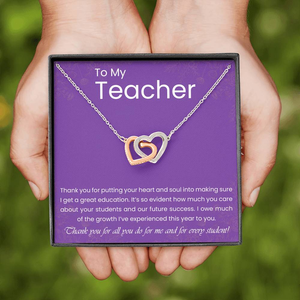 Personalized Gift Teacher Necklace for Her Valentines Birthday Gift Silver Jewelry Interlocking Hearts Necklace for Women with Message Card