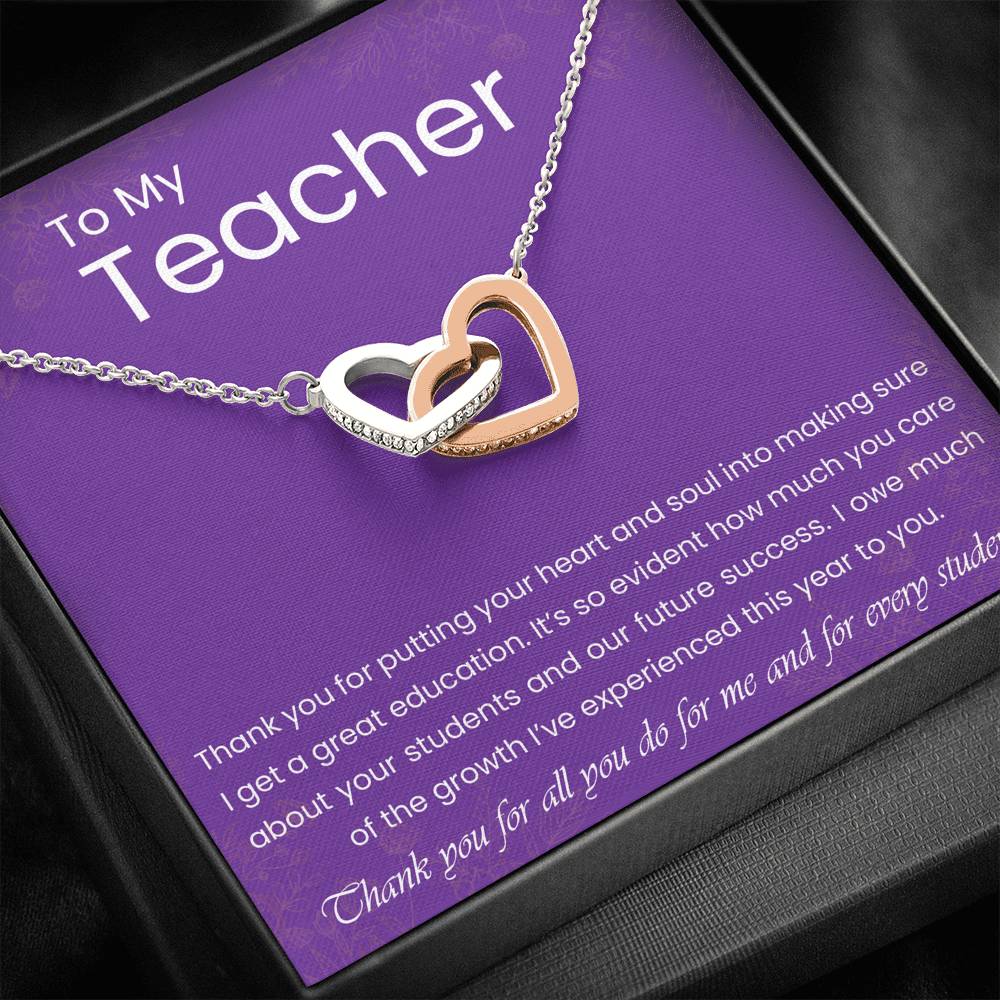 Personalized Gift Teacher Necklace for Her Valentines Birthday Gift Silver Jewelry Interlocking Hearts Necklace for Women with Message Card