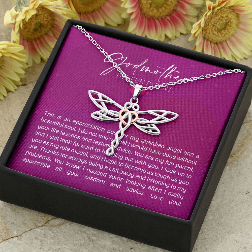 Best Gift for Godmother Necklace Silver Jewelry for Valentines Birthday Gift DragonflyDreamHearts Necklace for Women with Message Card