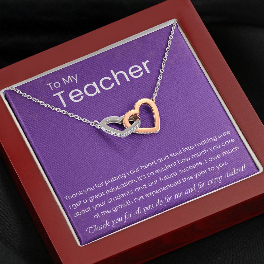 Personalized Gift Teacher Necklace for Her Valentines Birthday Gift Silver Jewelry Interlocking Hearts Necklace for Women with Message Card