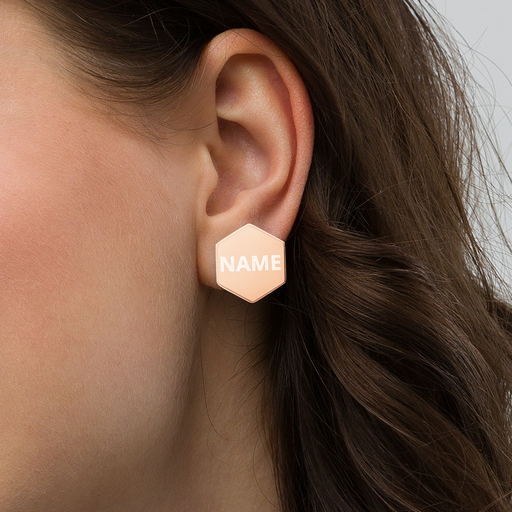 Custom Sterling Silver Hexagon Stud Earrings, Personalize Name, Personalize Initials