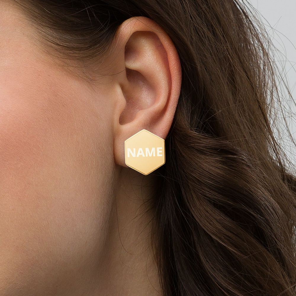 Custom Sterling Silver Hexagon Stud Earrings, Personalize Name, Personalize Initials