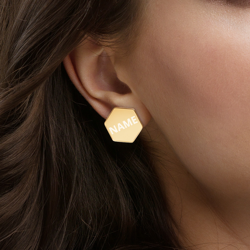 Custom Sterling Silver Hexagon Stud Earrings, Personalize Name, Personalize Initials
