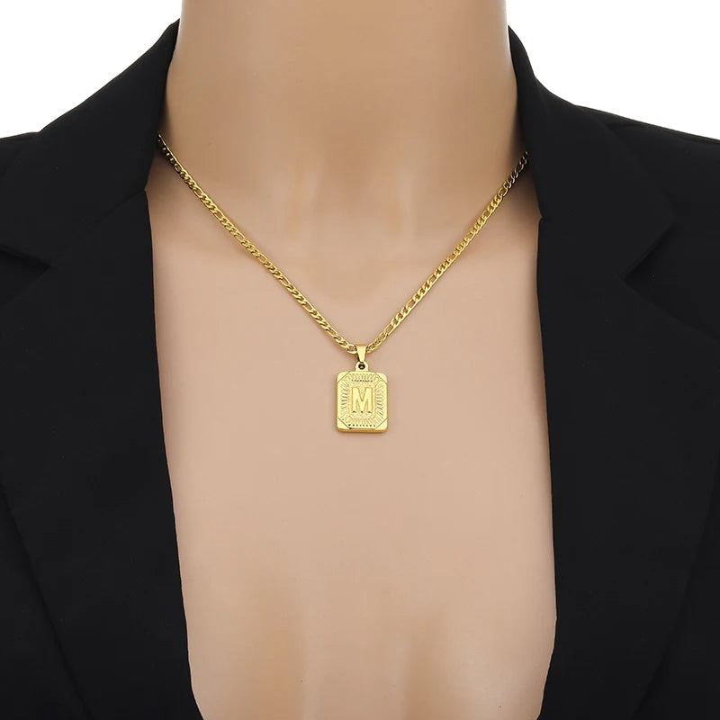Initial Letter Pendant Golden Cuban Chain A-Z Alphabet Necklace