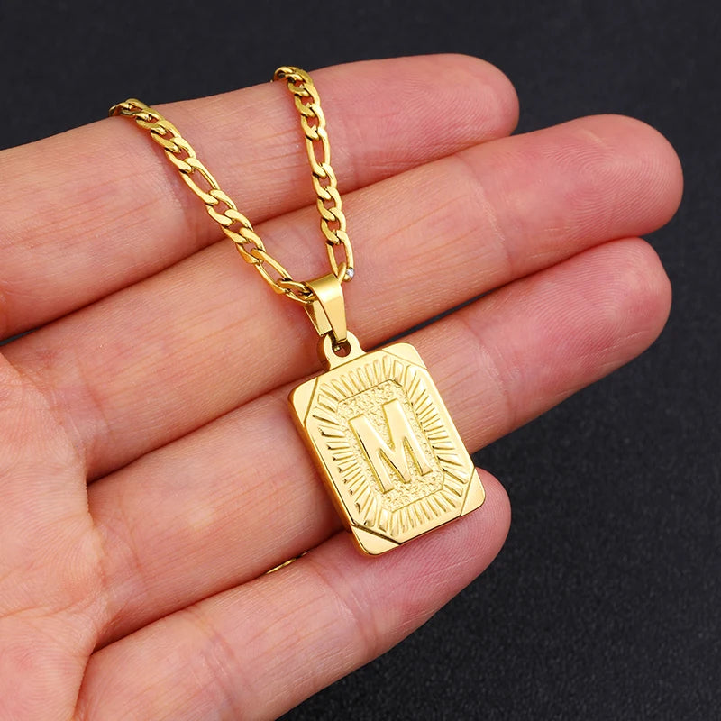 Initial Letter Pendant Golden Cuban Chain A-Z Alphabet Necklace