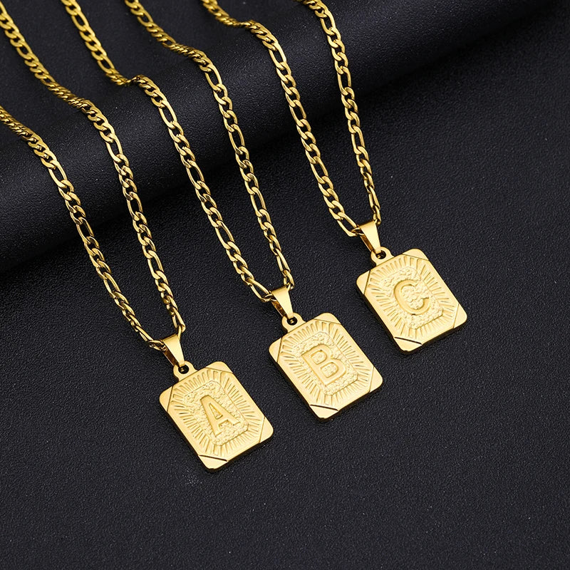 Initial Letter Pendant Golden Cuban Chain A-Z Alphabet Necklace