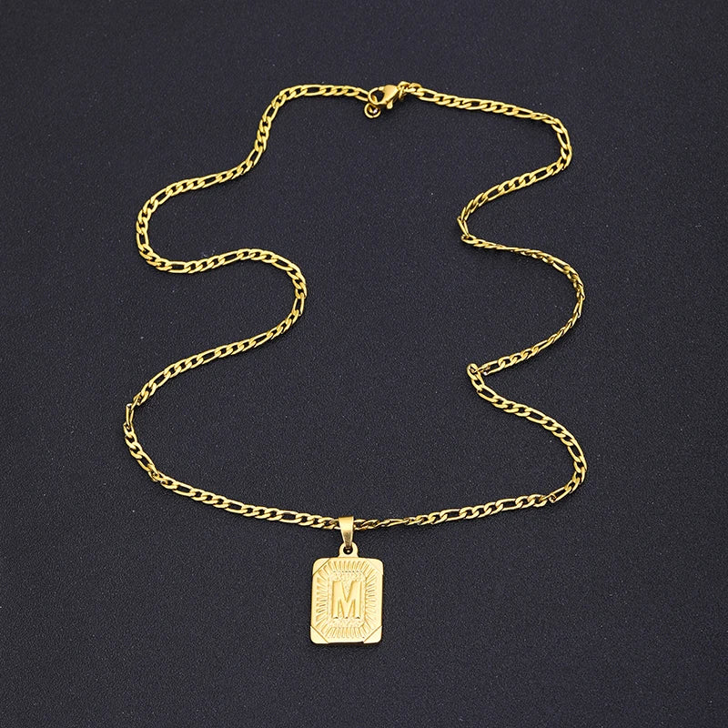 Initial Letter Pendant Golden Cuban Chain A-Z Alphabet Necklace