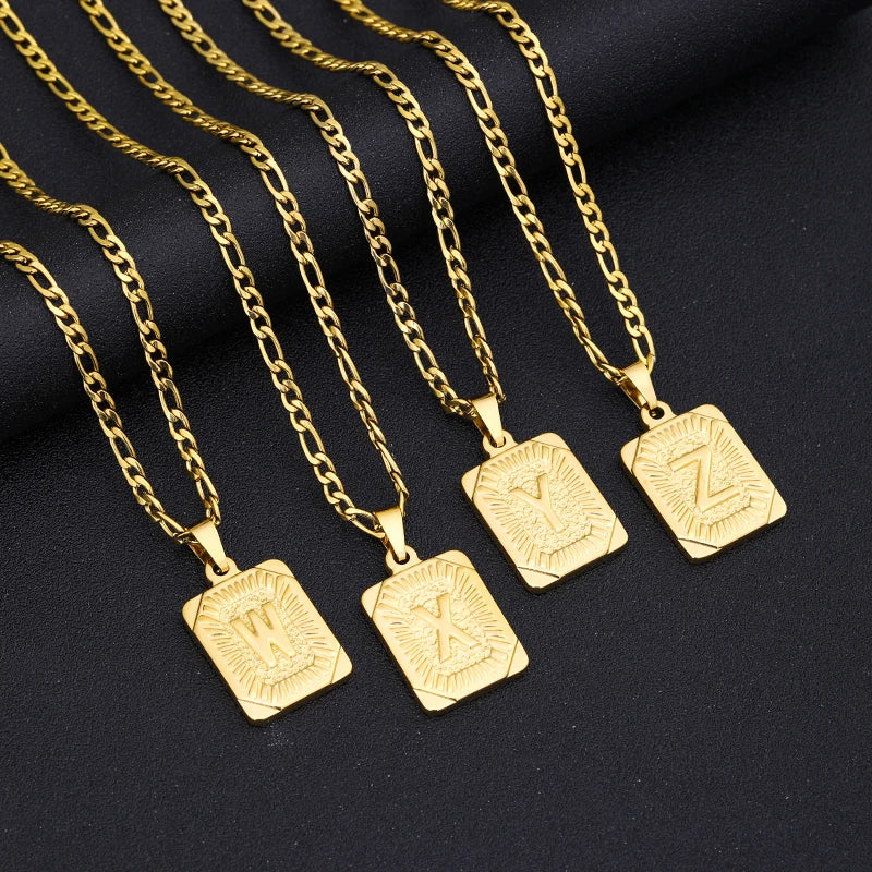 Initial Letter Pendant Golden Cuban Chain A-Z Alphabet Necklace