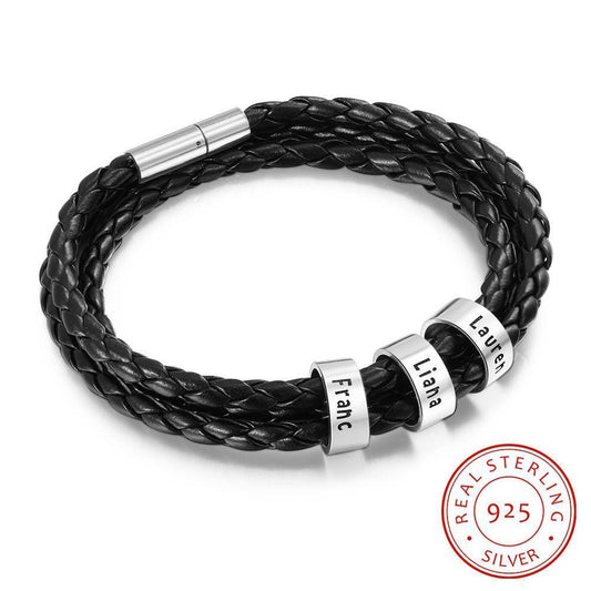 925 Sterling Silver Personalized Men Bracelet with Custom Name Beads 2 3 4 5 Charms Black Leather Bracelets for Men Jewelry Bracelets &