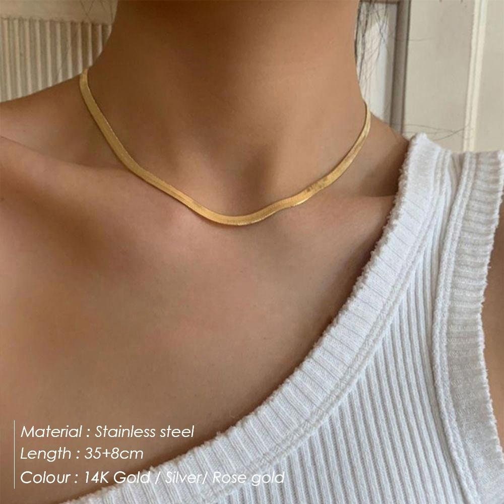 14k Gold Snake Chain Choker, Gold Chain Necklace, Flat Chain Necklace, Choker Silver Herringbone Chain Unisex Men Women Trendy Jewelry Gift