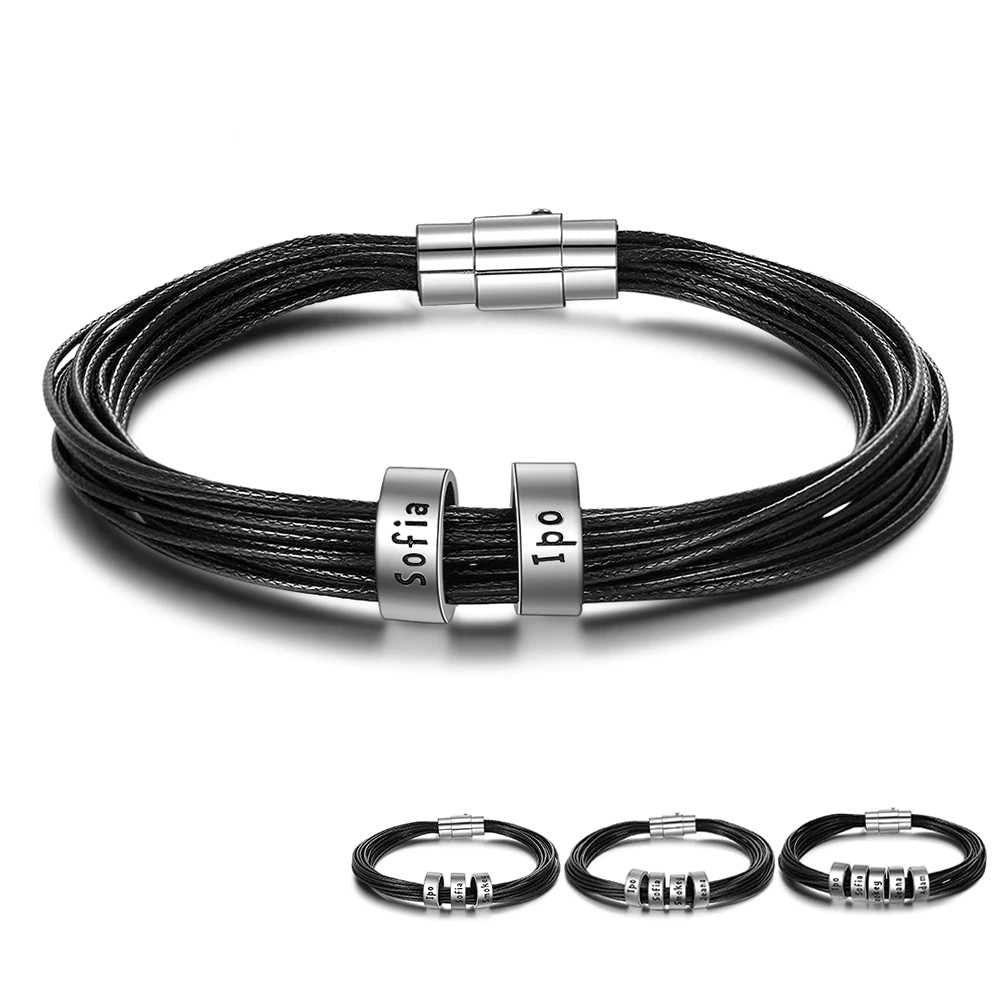 Personalized Men Leather Bracelet with Name Beads Customized Charm Bracelets & Bangles Gift for Family Male Jewelry Customized Bracelets