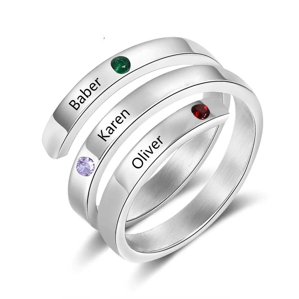 Personalized Family Gift Customized Mother Ring with 3 Birthstones Engraved Name Ring Female Fashion Jewelry Customized Rings