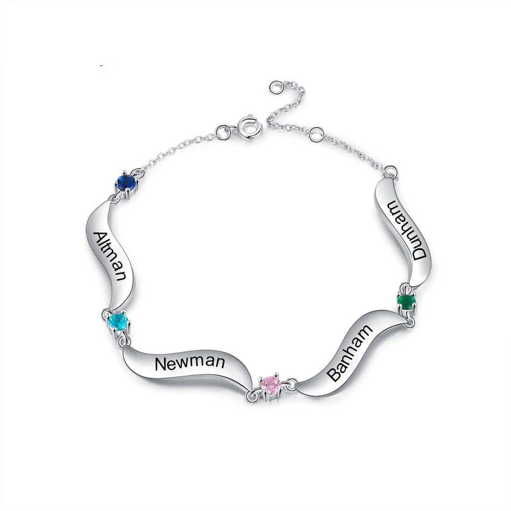 Personalized Family Wave Bracelet with 4 Inlaid Birthstone Custom Engraving Name Women Chain Bracelets Gift for Mother Customized Bracelets