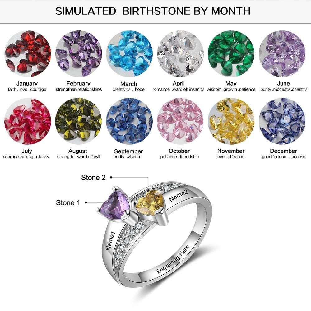 Sterling Silver Custom Name Ring with 2 Heart Birthstones Personalized Wedding Engagement Ring Mother Gift Rings