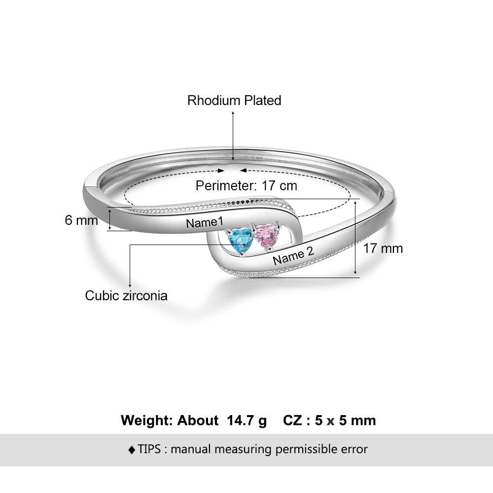 Personalized Name Bracelets With 2 Heart Birthstones Customized Engraved Bangles for Women Couple Gift Customized Bangles