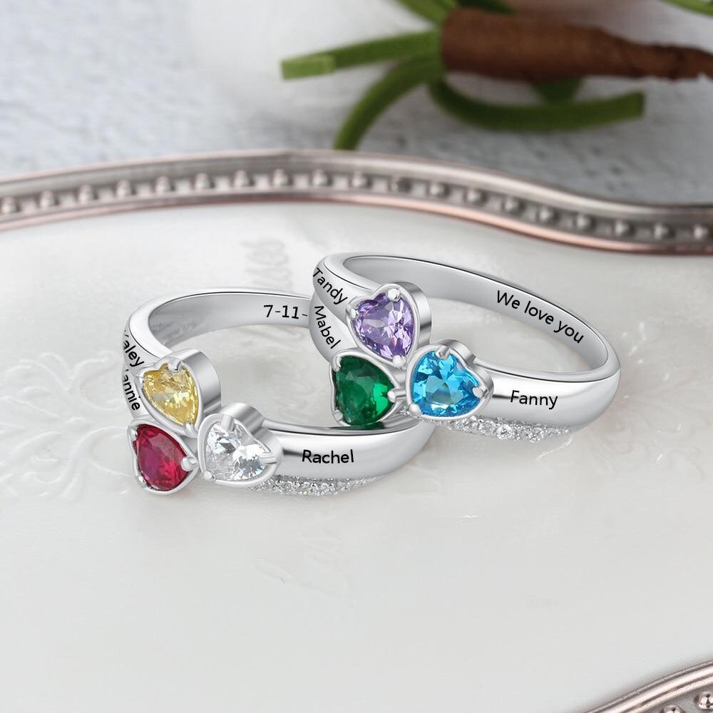 Personalized Sterling Silver Heart Birthstone Ring Customized Engrave 3 Name Ring Anniversary Mothers Jewelry Gift for Mom Ring Jewelry