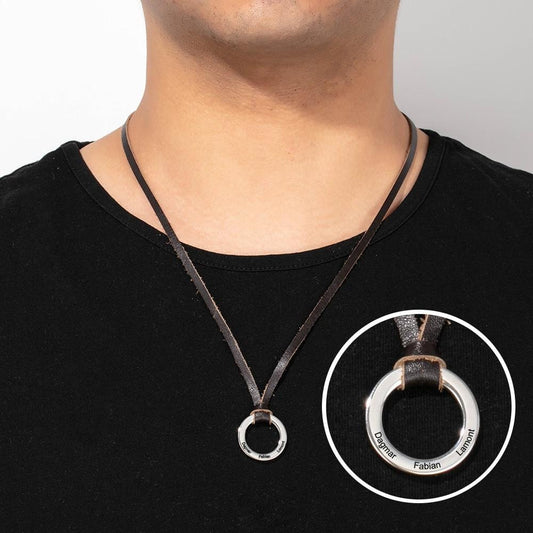 Unisex Personalized Leather Chain Necklace Custom 3 Names Circle Pendant Necklace Gifts for Family Customized Gift for him Men Husband Dad