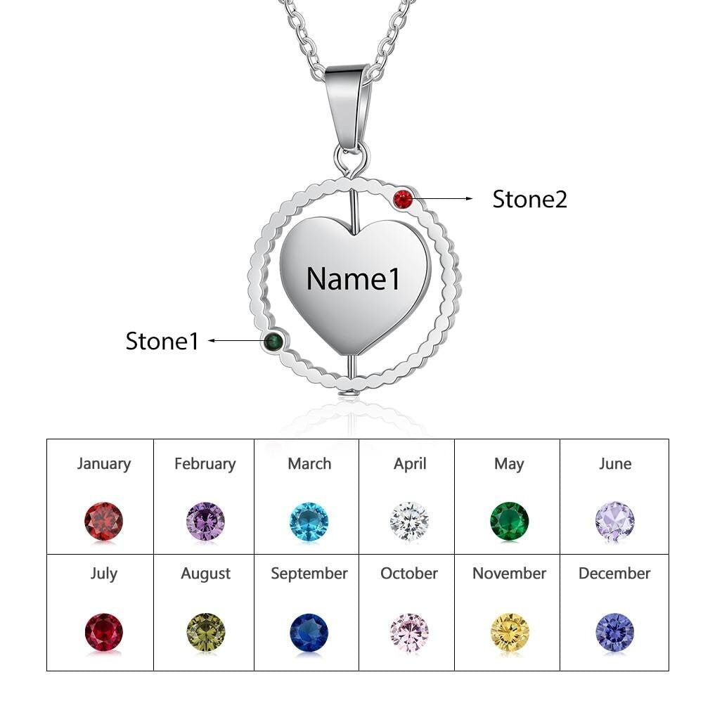 Personalized Rotatable Heart Necklace Custom Birthstone Name Engraved Pendant Jewelry Couple Anniversary Gifts Customized Necklaces