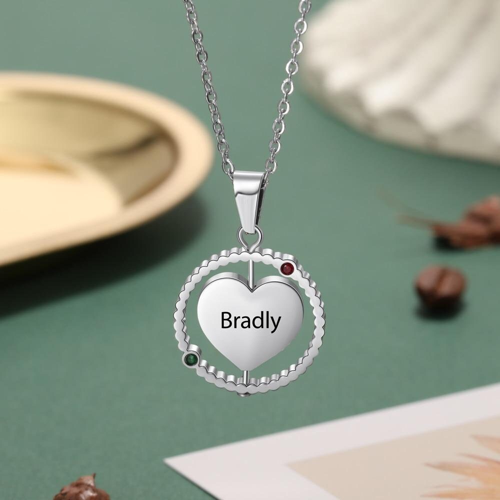 Personalized Rotatable Heart Necklace Custom Birthstone Name Engraved Pendant Jewelry Couple Anniversary Gifts Customized Necklaces