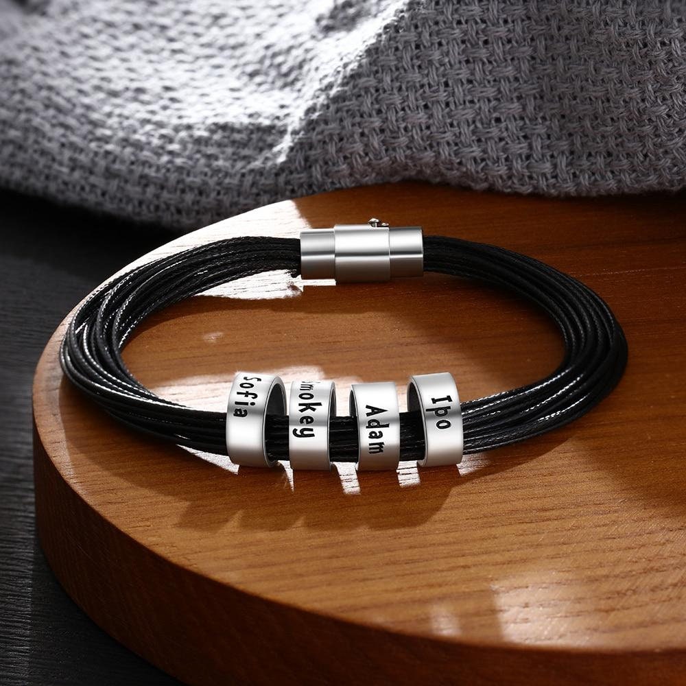 Personalized Men Leather Bracelet with Name Beads Customized Charm Bracelets & Bangles Gift for Family Male Jewelry Customized Bracelets