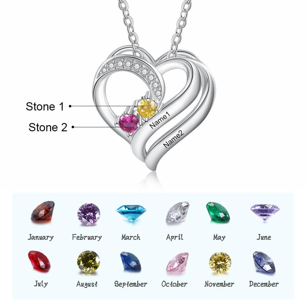 Personalized Engraving Name Heart Pendant Sterling Silver Customized Mothers Necklace with 2 Birthstones Fine Gifts Necklaces