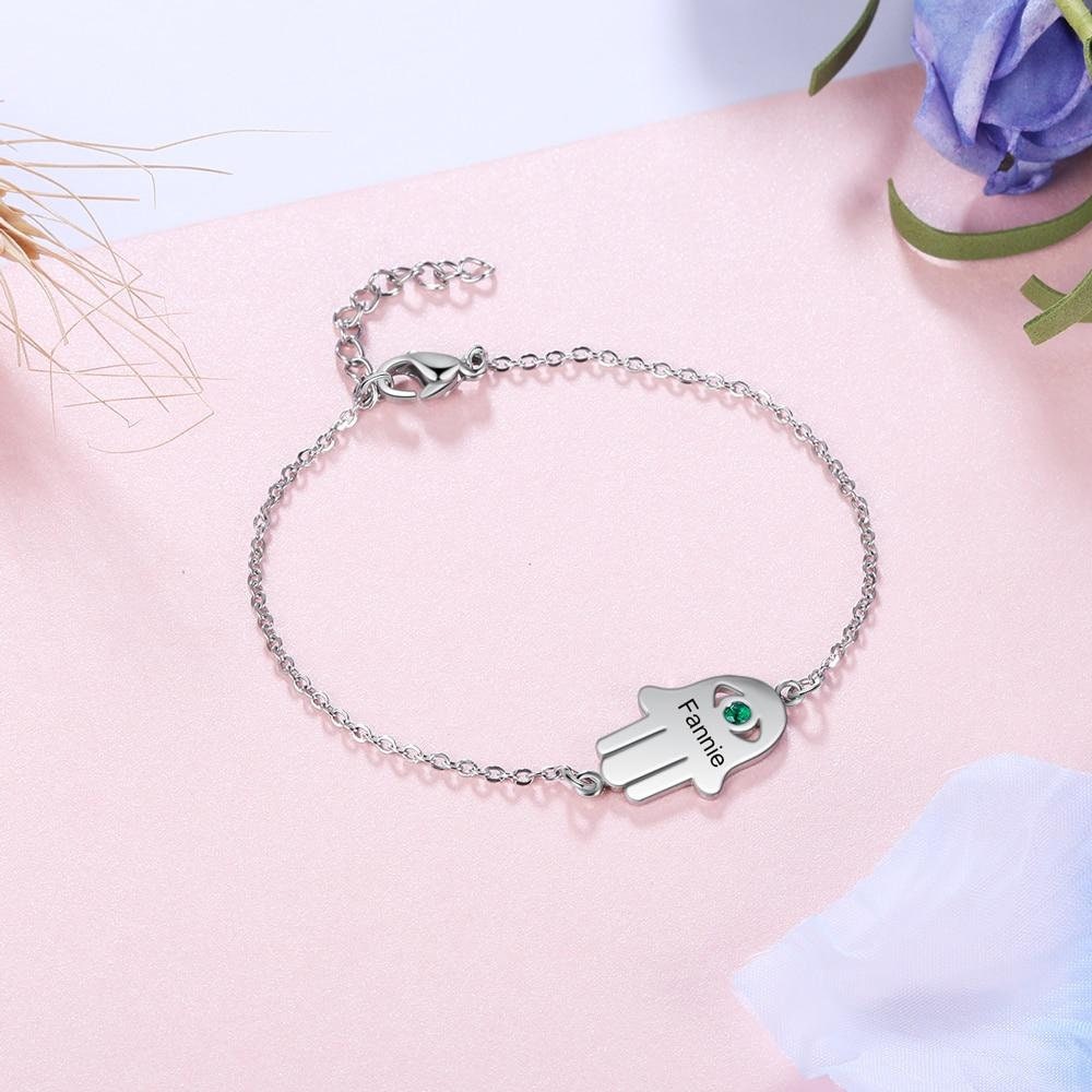 Personalized Good Luck Hand Bracelet with Birthstone Custom Engraving Name Stainless Steel Bracelets for Women Customized Bracelets