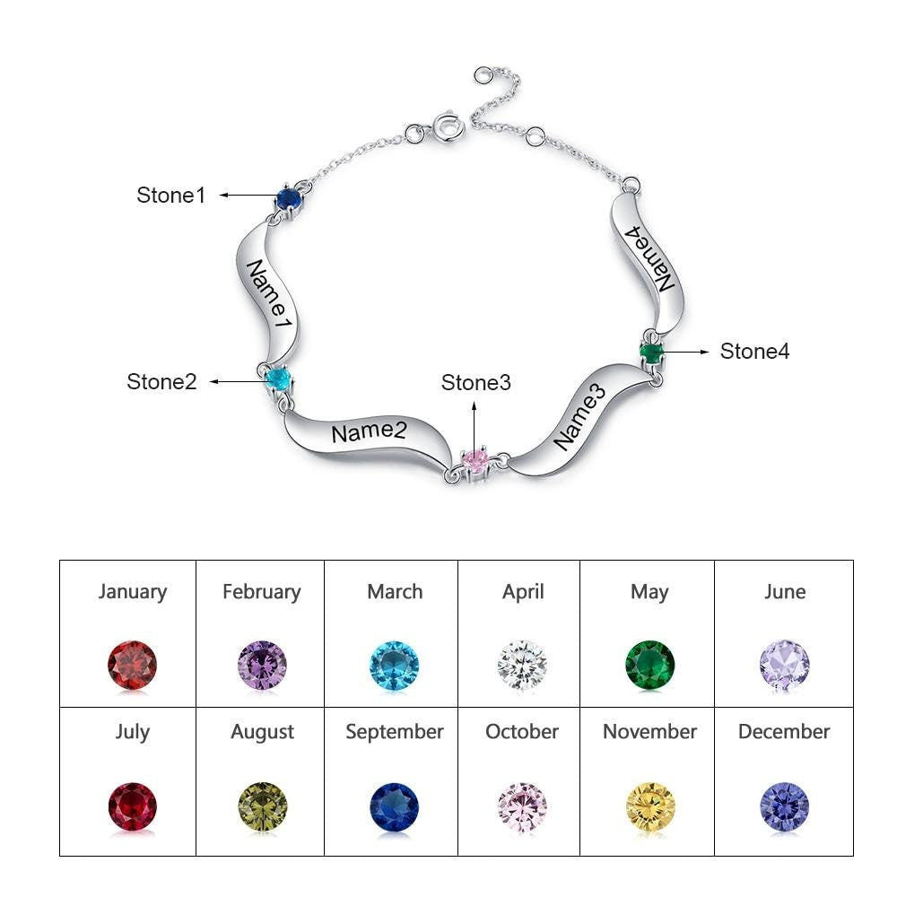 Personalized Family Wave Bracelet with 4 Inlaid Birthstone Custom Engraving Name Women Chain Bracelets Gift for Mother Customized Bracelets