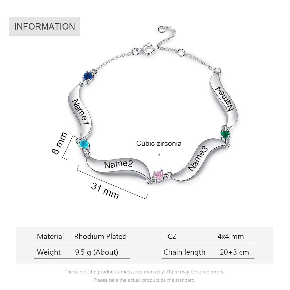 Personalized Family Wave Bracelet with 4 Inlaid Birthstone Custom Engraving Name Women Chain Bracelets Gift for Mother Customized Bracelets