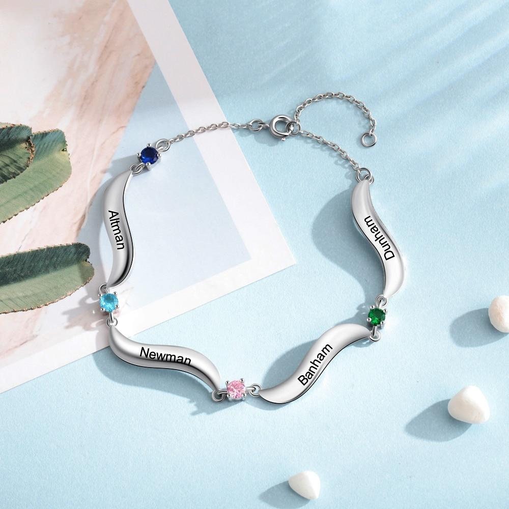 Personalized Family Wave Bracelet with 4 Inlaid Birthstone Custom Engraving Name Women Chain Bracelets Gift for Mother Customized Bracelets