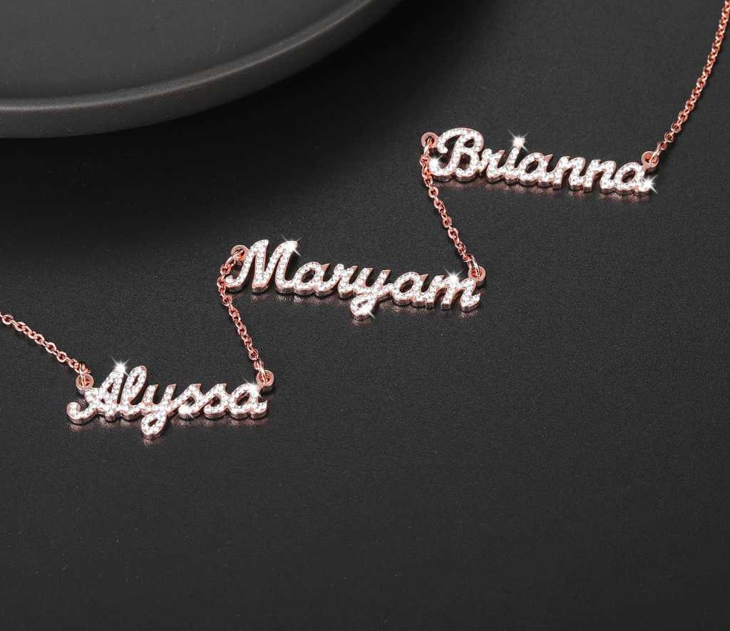 Custom Three Names Iced Out Necklace Personalized Bling Stainless Steel Name Nameplate Charm Necklace Gift For Women Jewelry Customized
