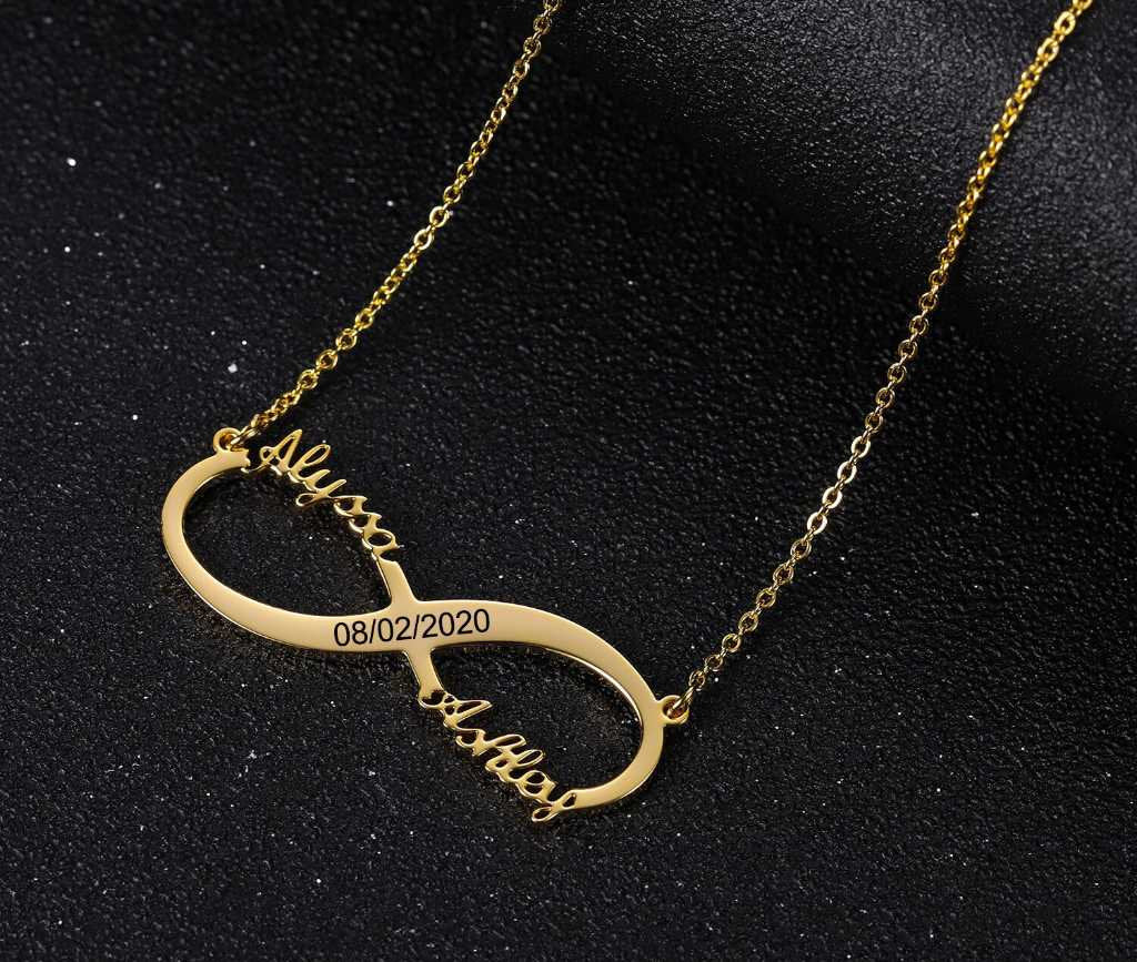 Fashion Double Name Engraved Date Numerals Infinity Pendant Necklaces Stainless Steel Custom Jewelry Choker Best Gifts for Women Customized