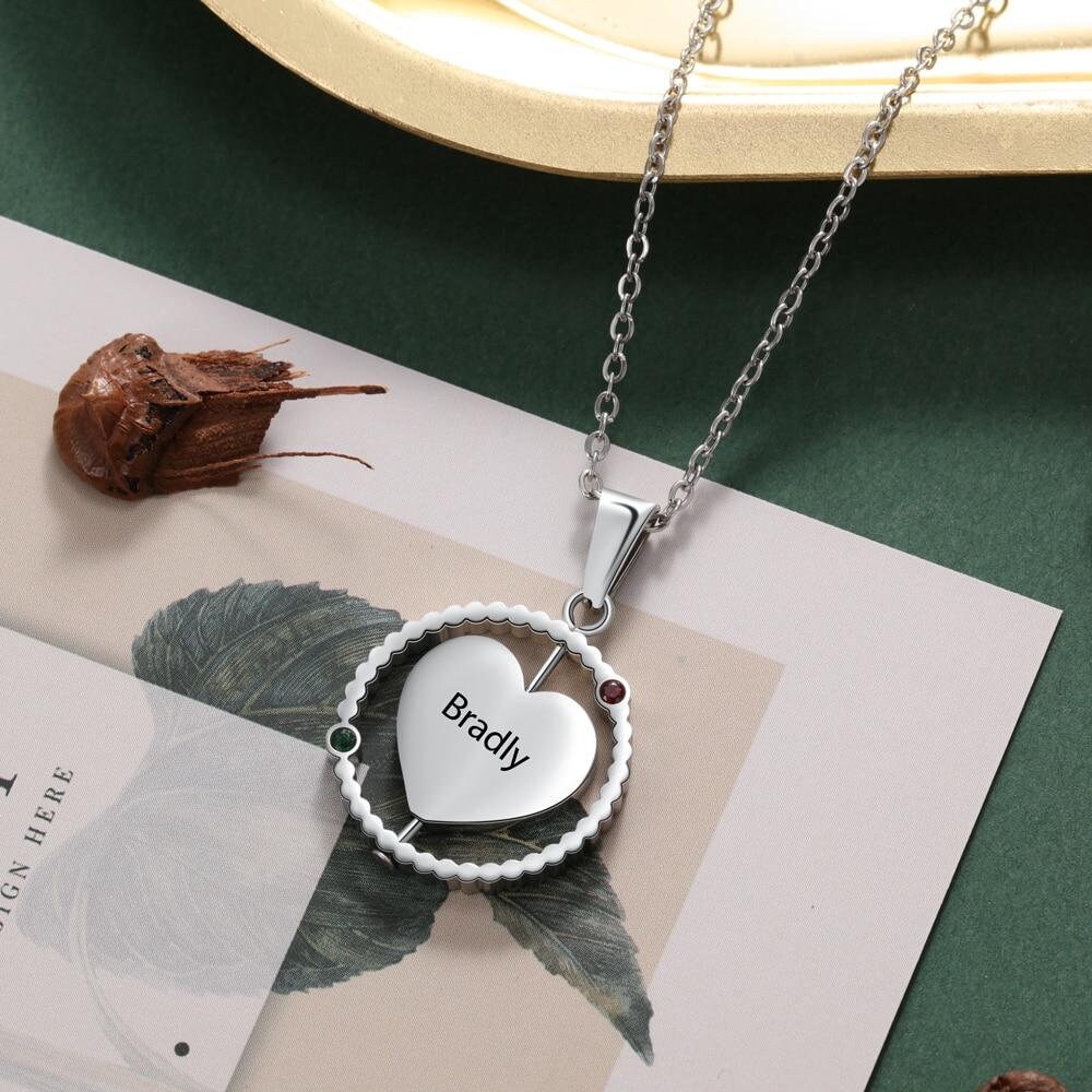 Personalized Rotatable Heart Necklace Custom Birthstone Name Engraved Pendant Jewelry Couple Anniversary Gifts Customized Necklaces