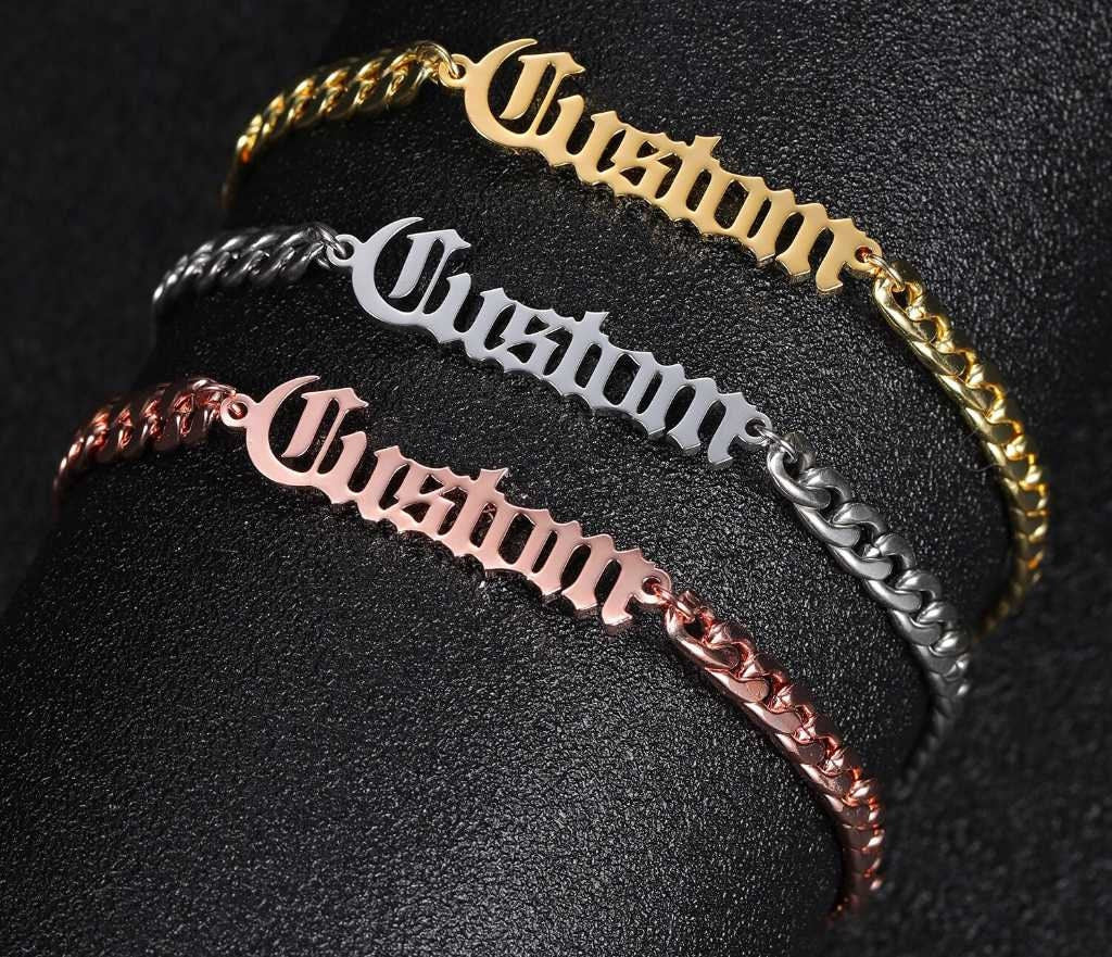 Personalized Name Bracelet Stainless Steel Curb Chain Custom Old English Bracelet Bangle Handmade Men Jewelry For Women Gifts Customized