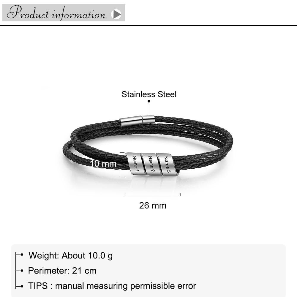 Personalized 3 Name Beads Engraved Bracelets for Men Vintage Customized Black Leather Bracelets & Bangles Fathers Gift Customized Bracelets