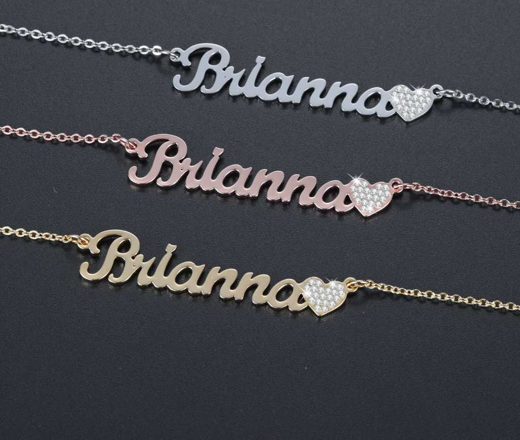 Customized Iced Out Heart Name Necklace Pendant Bling Heart Stainless Steel Charm Nameplate Necklace Jewelry Women Gifts Customized