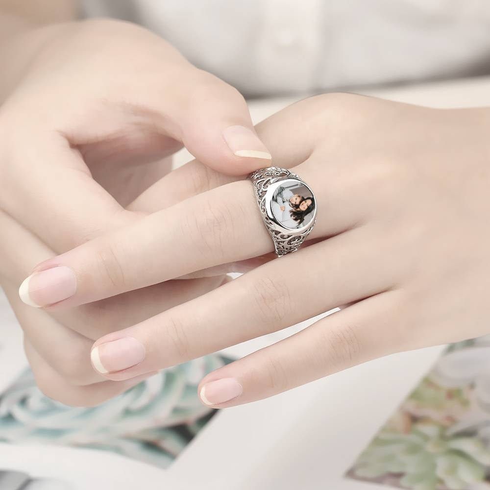 Personalized Engraved Photo Ring Custom Picture Ring Mother's Gift Round Shaped Silver Custom Copper Photo Ring Memorial Jewelry Ring