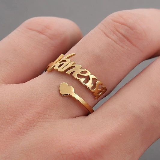 Adjustable Custom Name Ring With Heart Customized 3D 18K Gold Heart Ring Adjustable Stainless Steel Personalized Name Twisted Rings