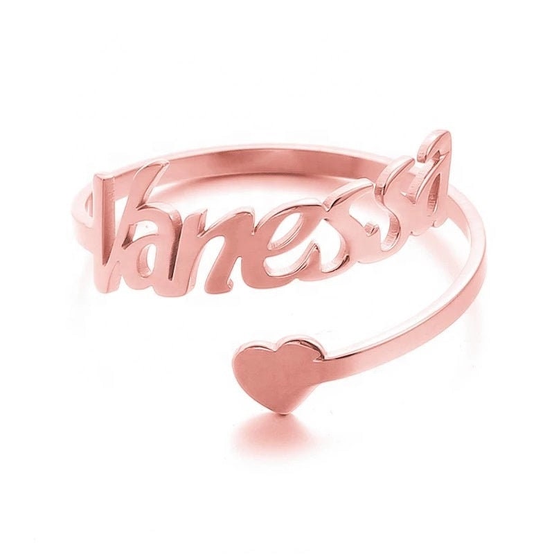 Adjustable Custom Name Ring With Heart Customized 3D 18K Gold Heart Ring Adjustable Stainless Steel Personalized Name Twisted Rings