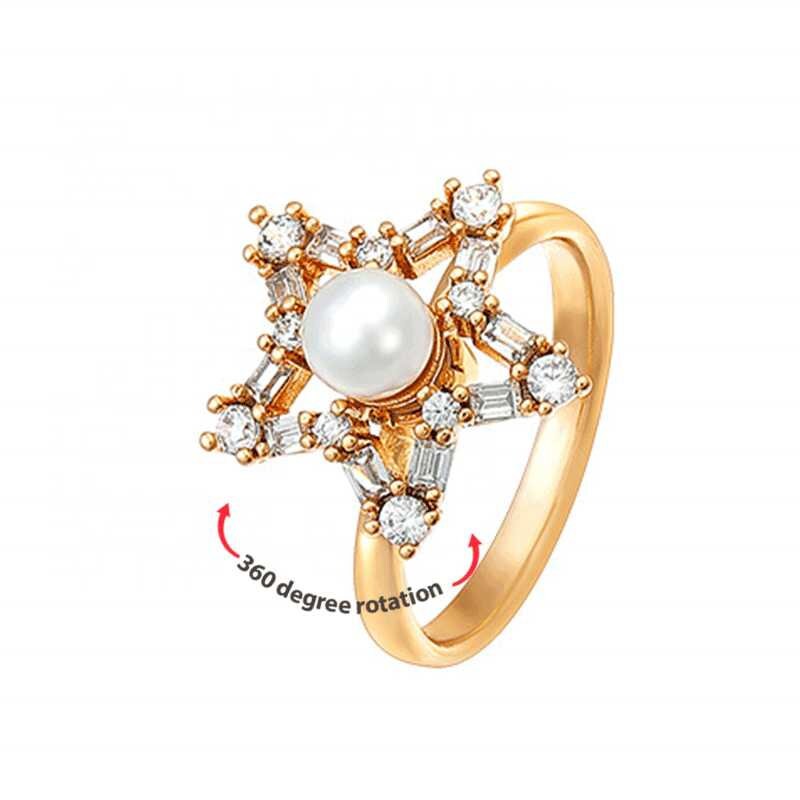 18K Gold Women Anxiety Rings Fidget Spinner Ring Cubic Zirconia Pearl Star Spinning Rotatable Worry Rings For Stress Relieving