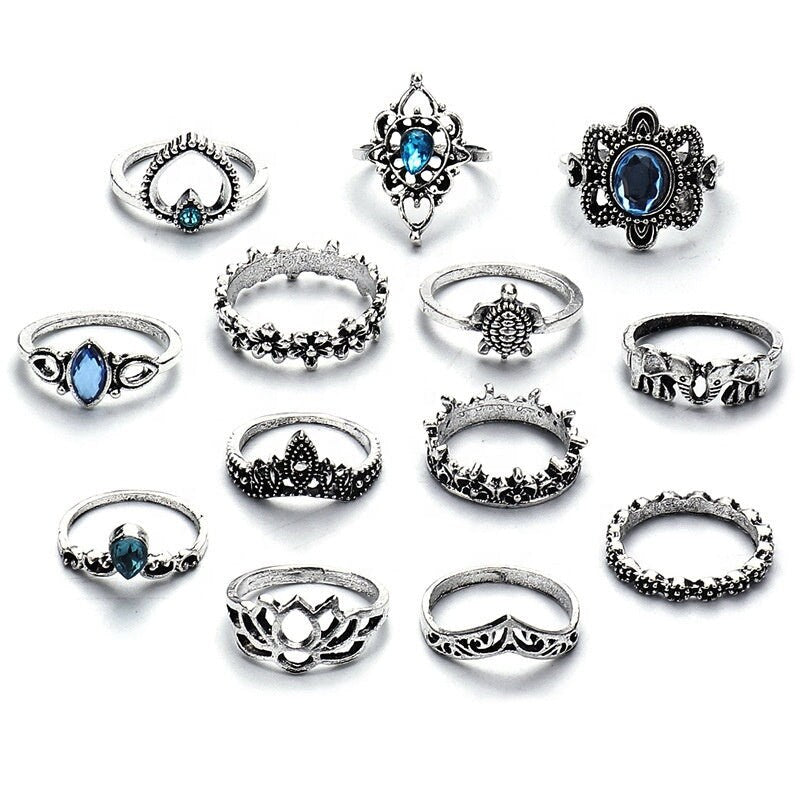 Leaf Gemstones Cross Geometric Shaped Rings Set Vintage Gemstone Geometric Flower Leaf Vintage Ring Set For Women Stackable Rings Set Multi