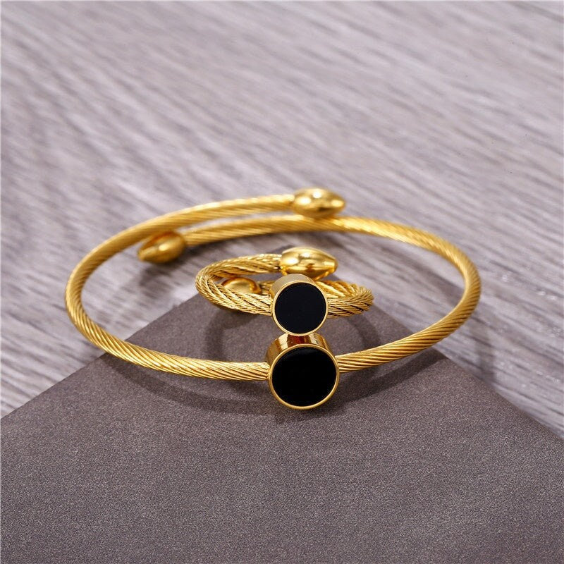 Zircon Stone Resizable Cuff Bracelet Knuckle Ring Set Round Zirconia Stone Finger Ring Bangle Set Gold Plated Opening Adjustable Titanium