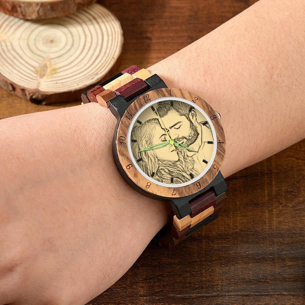 Personalized Photo Engraved Sketch Effect Men Watch Sketch Effect Custom Logo Wooden Watch Customizable Wristwatch Anniversary Wedding Gift