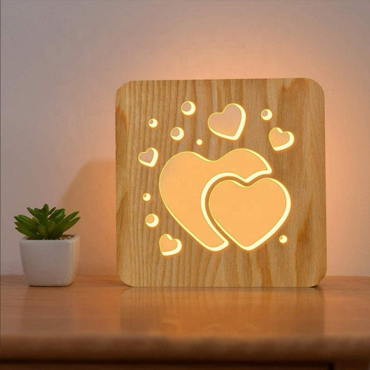 Wood Table Lamps Luxury Modern Decorative Hollow Heart Led Table Lamp For Valentine's Day Gift Square Shaped Hearts Wooden Lamp Birthday