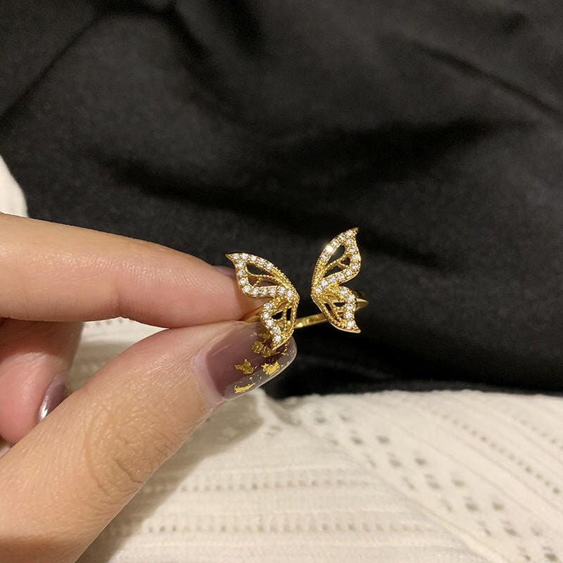 Zirconia Stones Butterfly Shaped Ring Open Resizable Zircon Butterfly Index Finger Ring Female Adjustable Butterfly Rings Hollow Butterfly